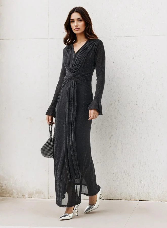 2Xtremz Lurex Accent 2Xtremz Maxi Nylon Blend Dress with Bell Sleeves